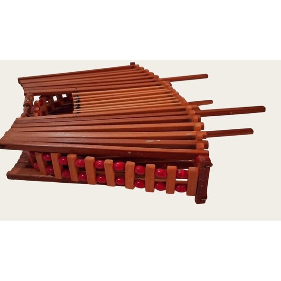 Collapsible Wooden Fruit Basket MCM Red Beads Accents Vintage Teak Wood - Picture 8 of 12